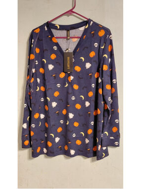 Women's HOTGIFT Navy Halloween Print Long Sleeve Tee 2X